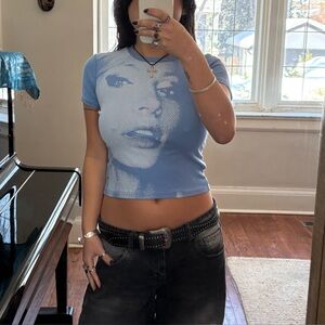 Edikted Blue Graphic Pixel Face Baby Tee